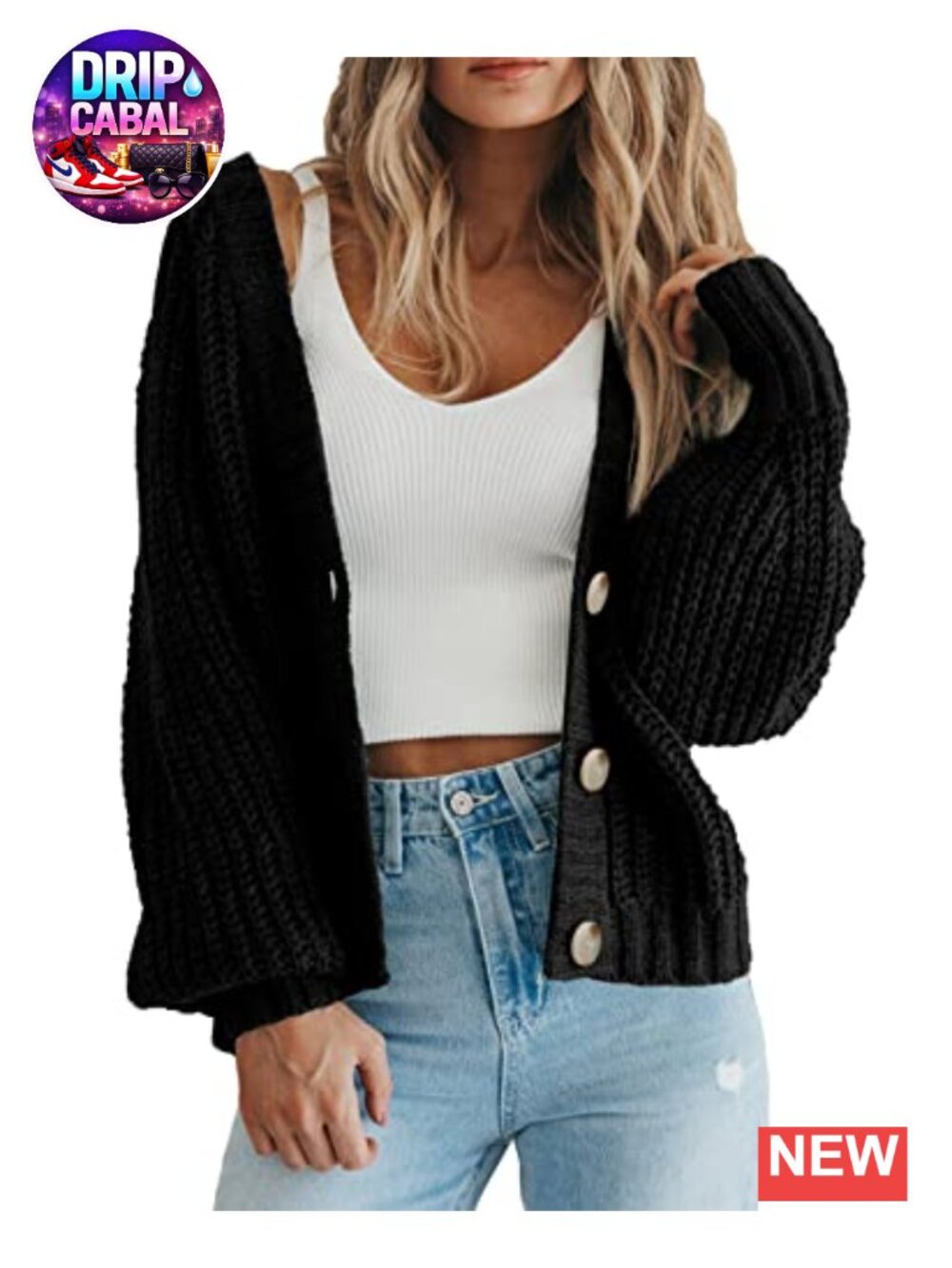 Chunky Knit Open Front Cardigan V-Neck Button Down Sweater